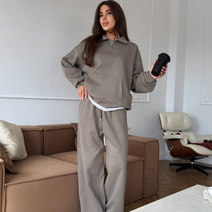 Damen sportlicher Pullover mit halbem Reißverschluss und weiten Hosen Drune