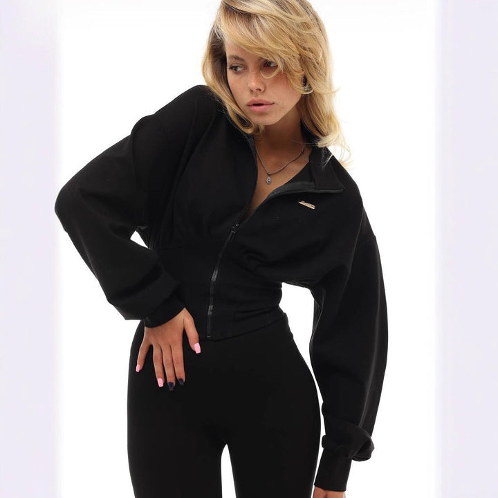 Damen cropped Sweatjacke mit hohem Kragen und weiten Ärmeln Drune