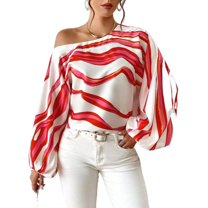 Damen Off-Shoulder Bluse mit kunstvollem Muster und voluminösen Ärmeln Drune
