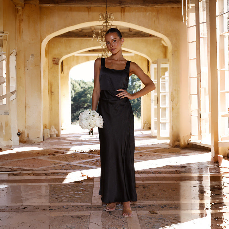 Damen elegantes Maxikleid mit seitlichem Schlitz und schmalen Trägern Drune