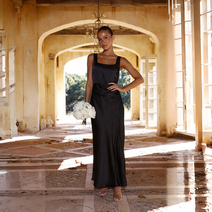 Damen elegantes Maxikleid mit seitlichem Schlitz und schmalen Trägern Drune