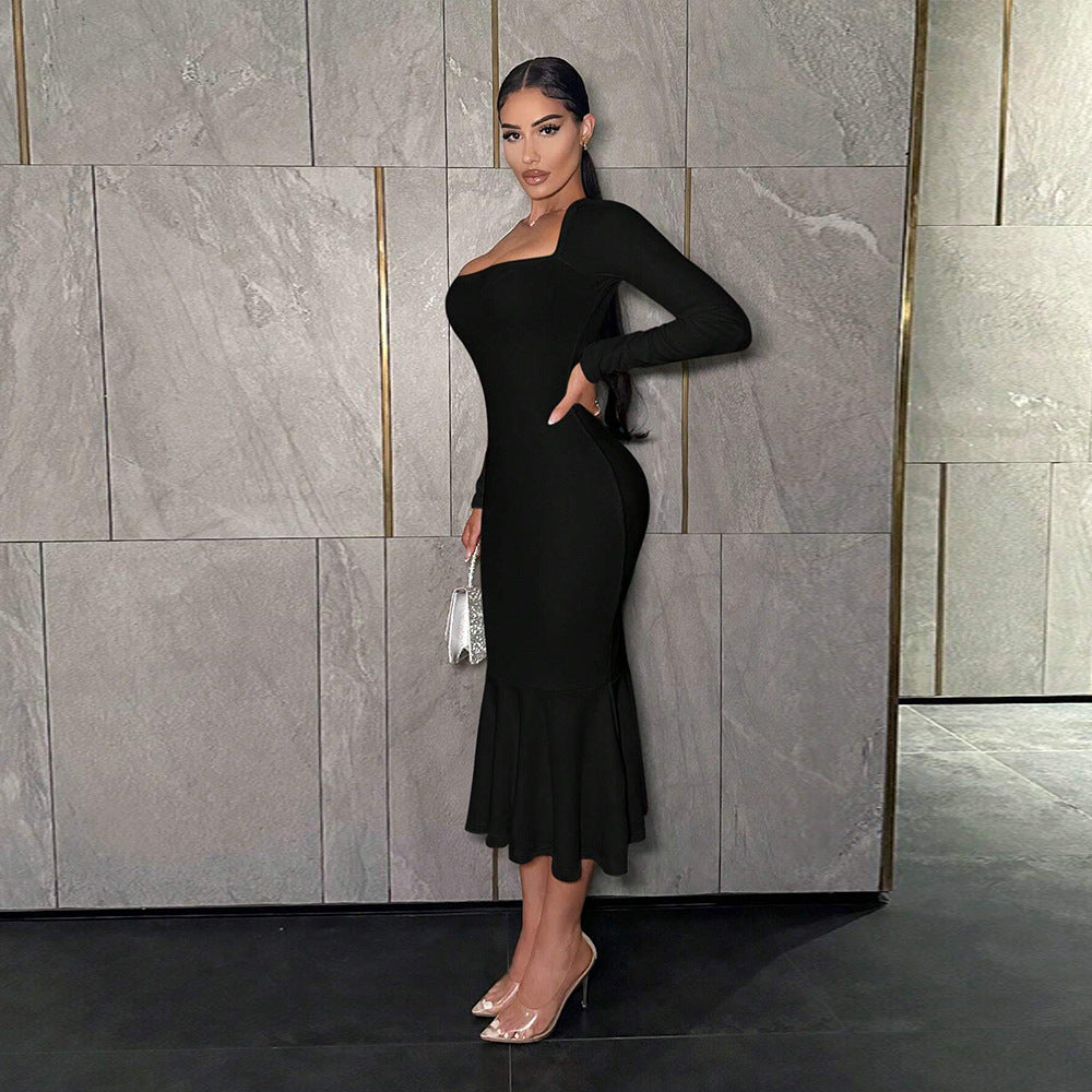 Damen langes Kleid mit schickem Quadrat-Ausschnitt und ausgestelltem Saum Drune