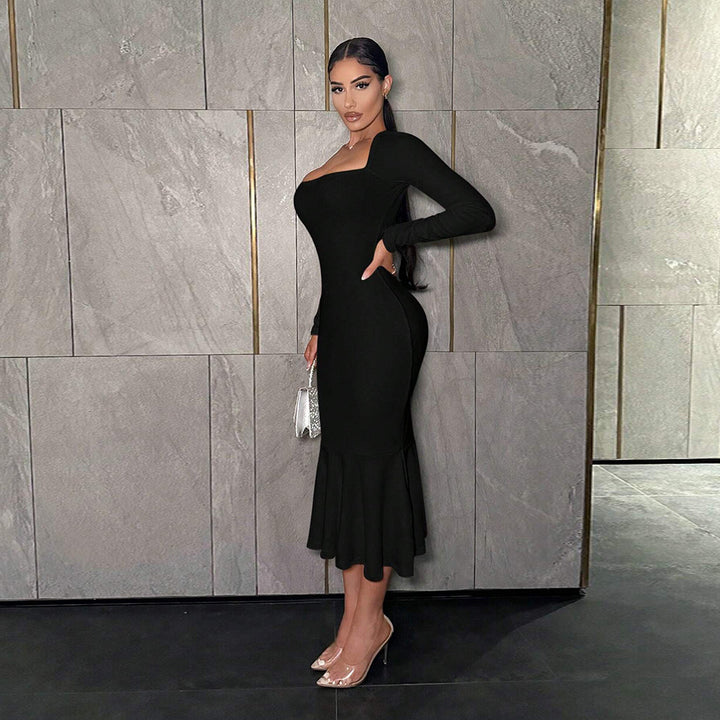 Damen langes Kleid mit schickem Quadrat-Ausschnitt und ausgestelltem Saum Drune