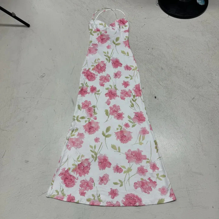 Damen Maxikleid mit zarten Blumenmuster und tiefem V-Ausschnitt Drune