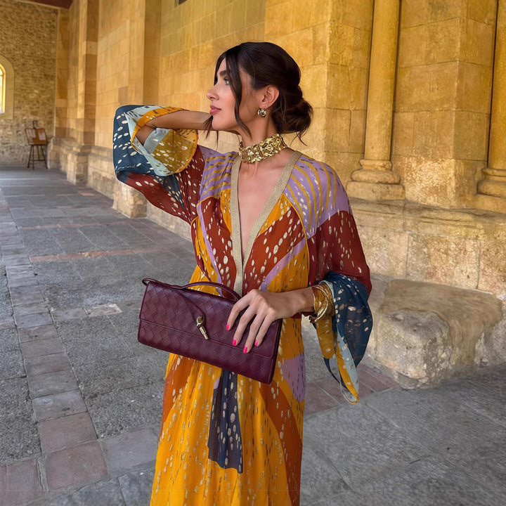 Damen Maxikleid mit buntem Print und modernen langen Ärmeln Drune