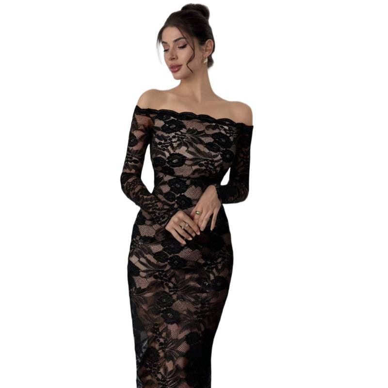 Damen Elegantes Spitzenkleid mit Off-Shoulder Design und langen Ärmeln Drune