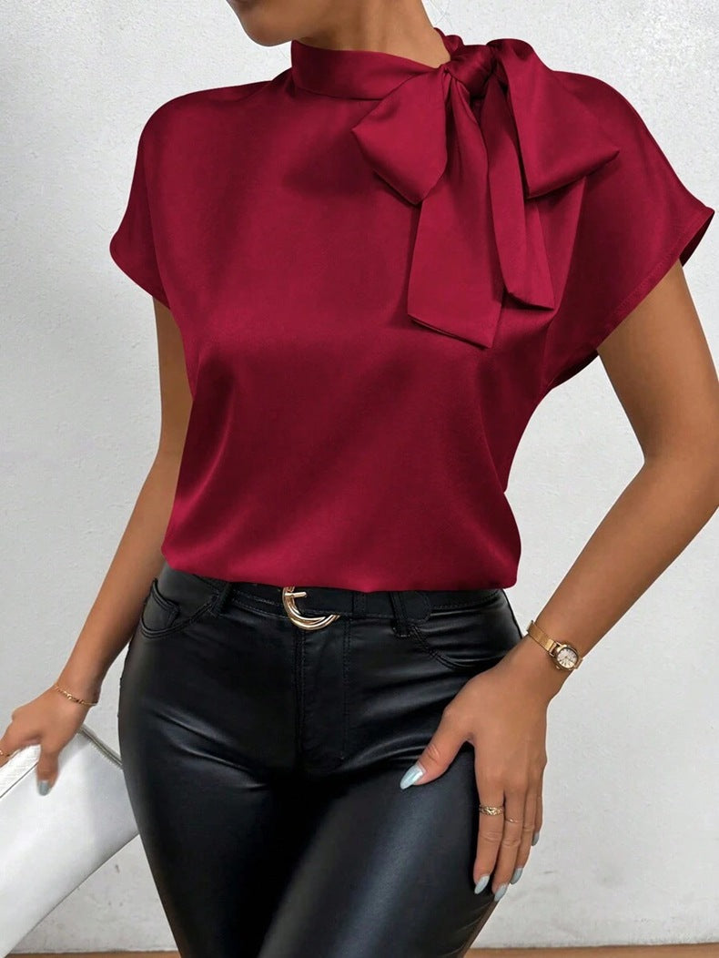 Drune | Satinbluse Kurzarm Hoher Kragen Mit Schleife Eleganter Entspannter Schnitt