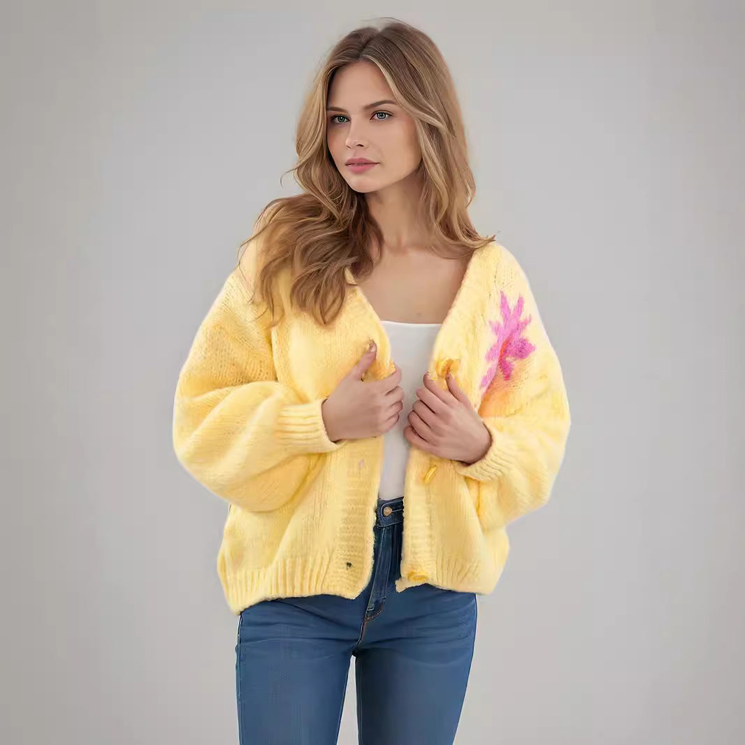 Damen verspielte Strickjacke mit buntem Blumenmotiv und großen Knöpfen Drune