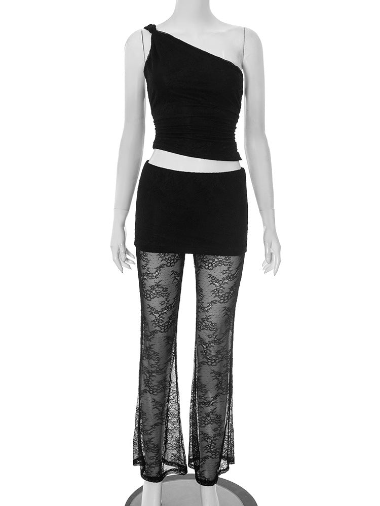 Damen asymmetrisches Oberteil mit elegantem Spitzen-Details und figurbetonten Leggings Drune
