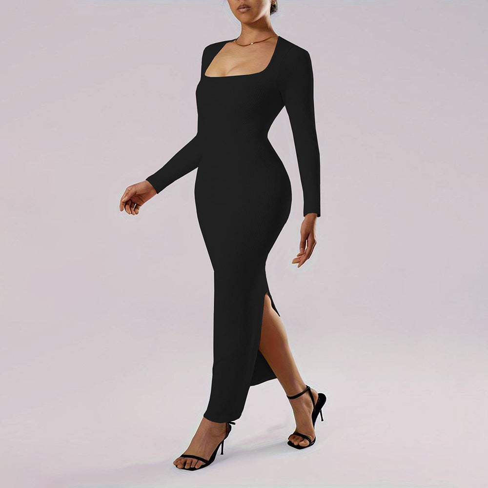 Damen Langarm Maxikleid mit tiefem Ausschnitt und figurfreundlichem Schnitt Drune