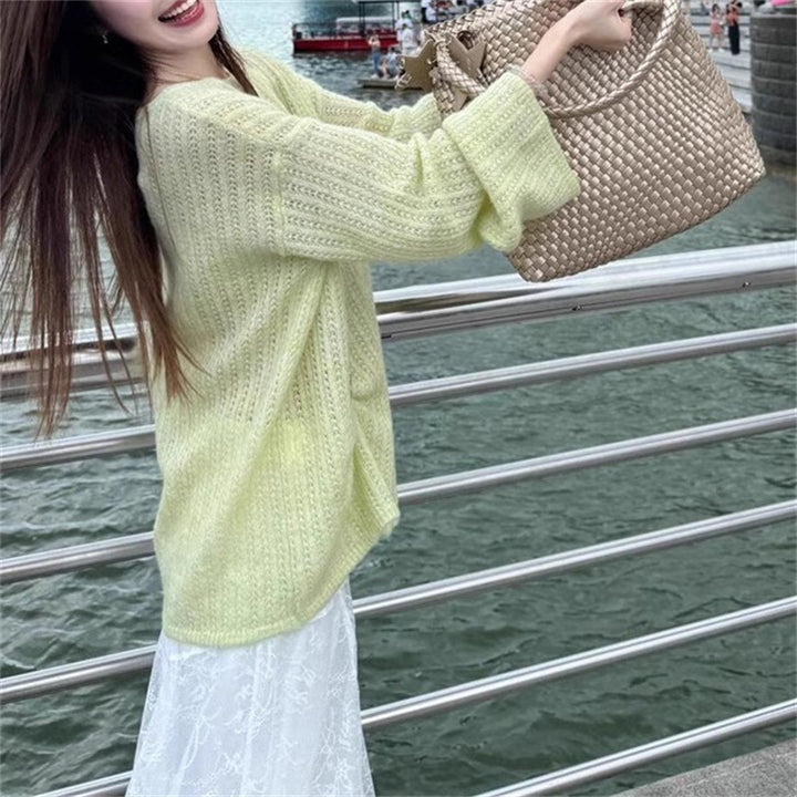 Damen Grobstrickpullover mit weitem Schnitt und modischen Ballonärmeln Drune