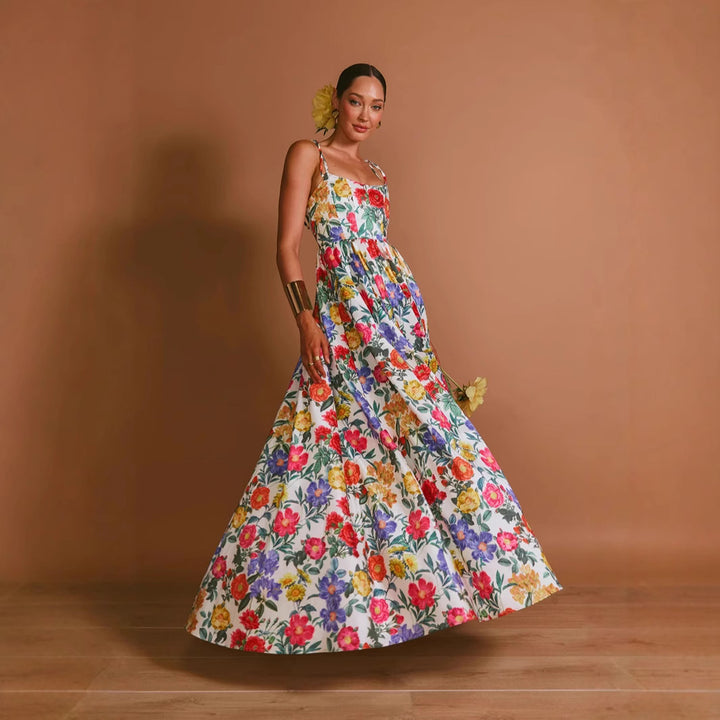 Damen Maxi-Langarmkleid mit floralem Muster und Rüschendetails Drune
