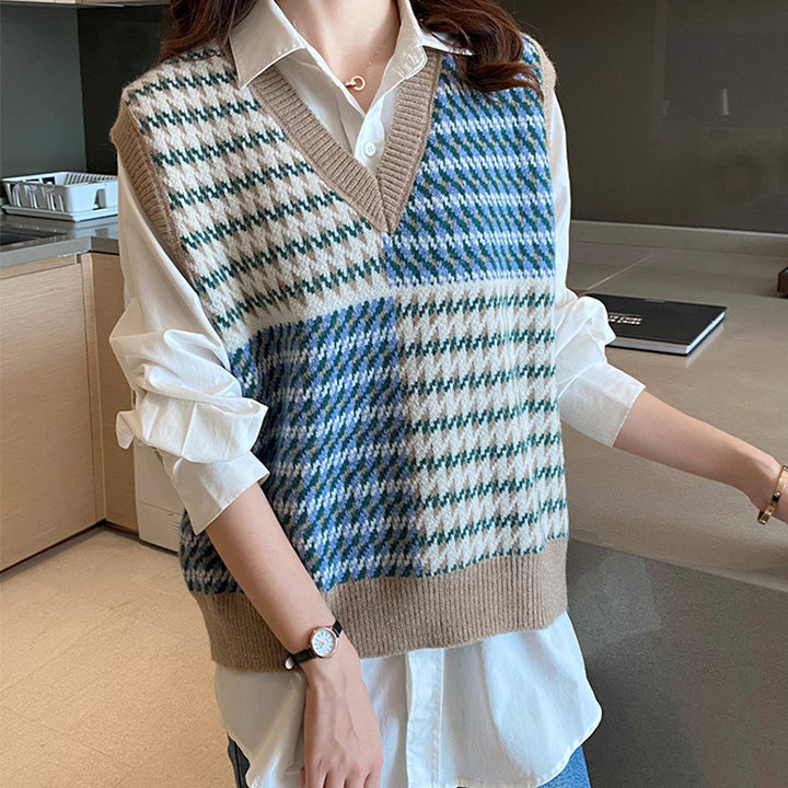 Damen Stylischer V-Neck Strickpullover im Farbblockdesign Drune