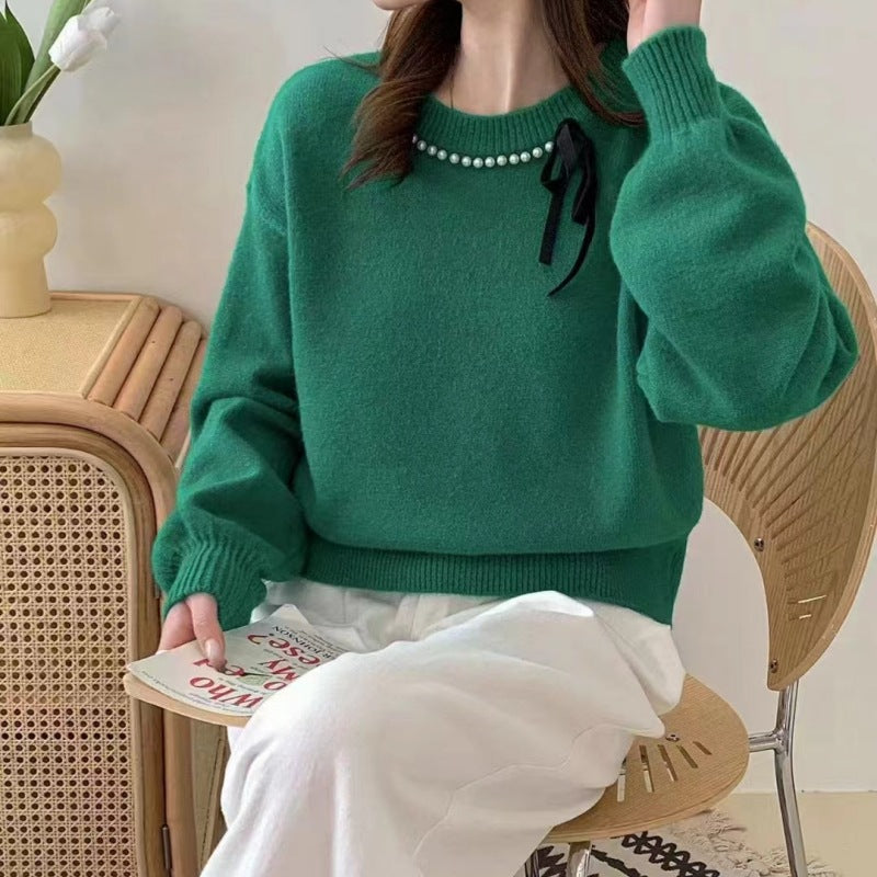 Damen modischer Pullover mit Zierband und Perlendetails Drune
