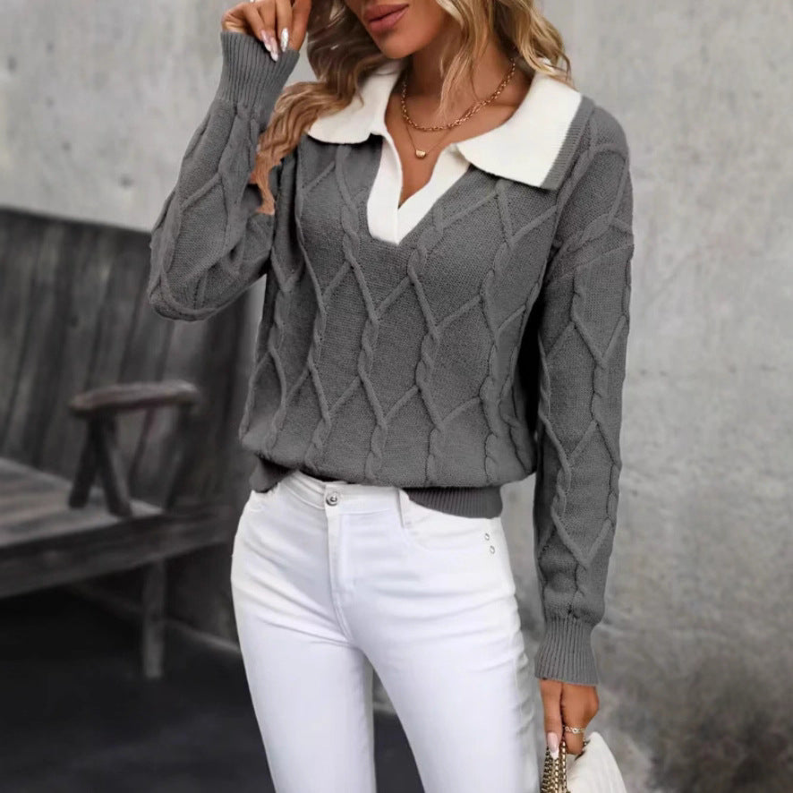 Damen Strickpullover mit klassischem Polokragen und Rautenstruktur Drune