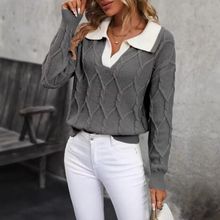 Damen Strickpullover mit klassischem Polokragen und Rautenstruktur Drune