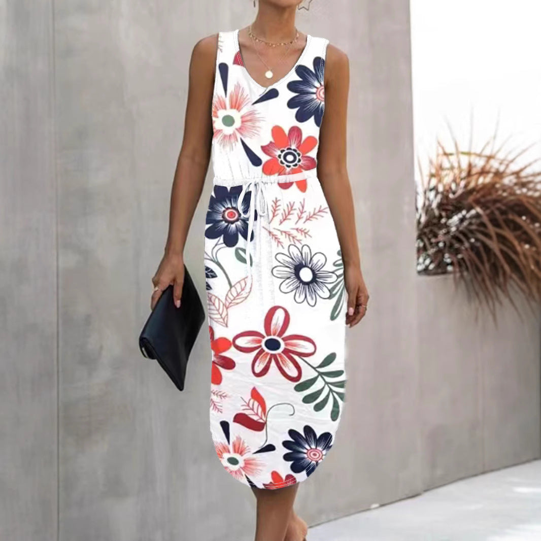 Damen Blumenmaxikleid mit elastischem Taillenkordelzug und seitlichem Schlitz Drune