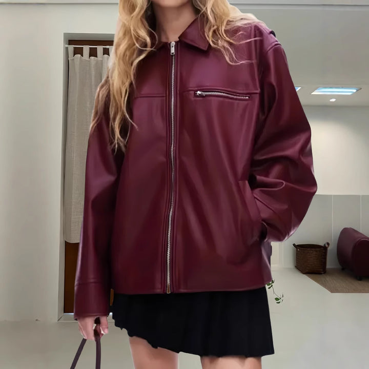 Damen modische lässige Lederjacke mit asymmetrischen Reißverschlüssen Drune
