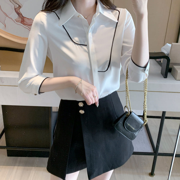 Damen Bluse mit kontrastierenden Paspelierung und klassischem Kragen Drune