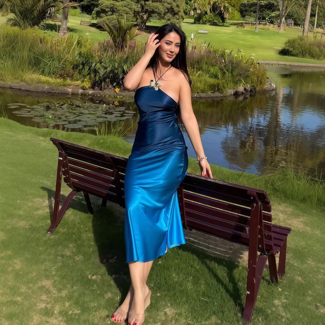 Damen lässiges Maxikleid mit elegantem Halterneck und einzigartigem Farbverlauf Drune