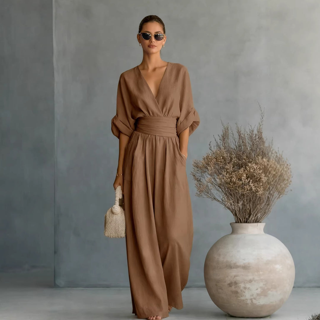 Damen Weit geschnittener Jumpsuit mit eleganten Drapierungen und V-Ausschnitt Drune