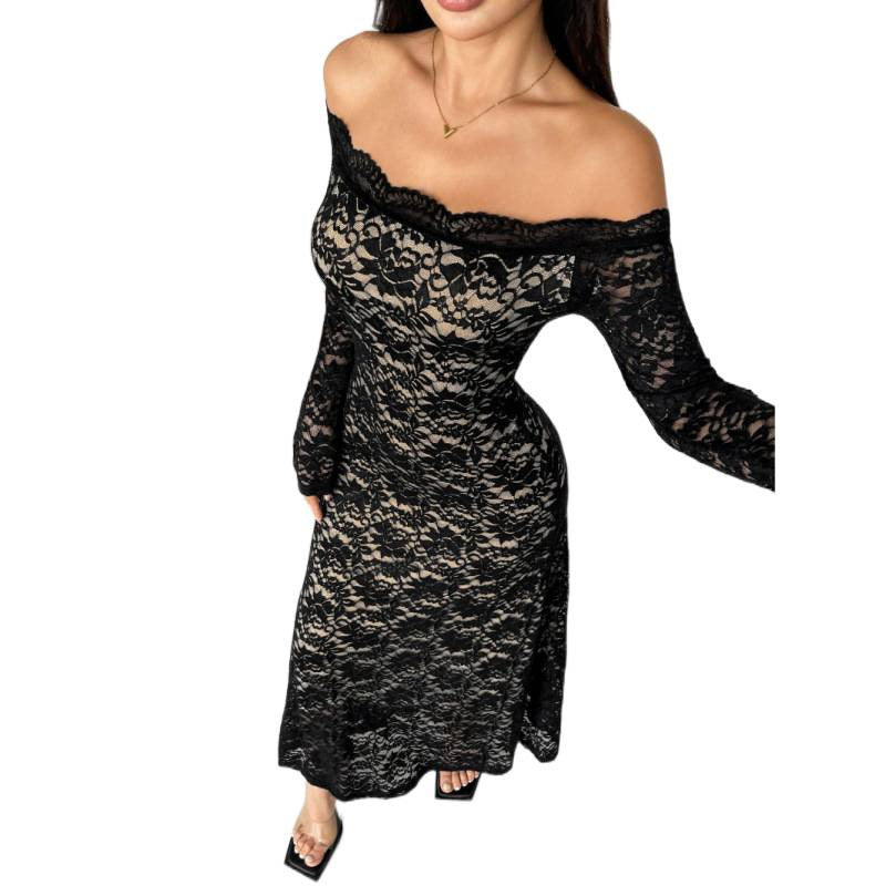 Damen Spitzenlangarmkleid mit schulterfreiem Design und eleganter Transparenz Drune