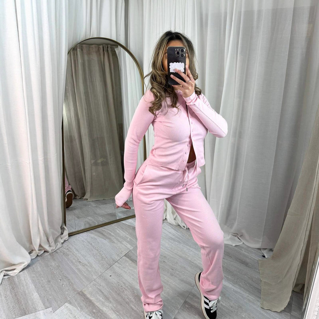 Damen kuscheliges Strick-Loungewear-Set mit Knopfleiste Drune