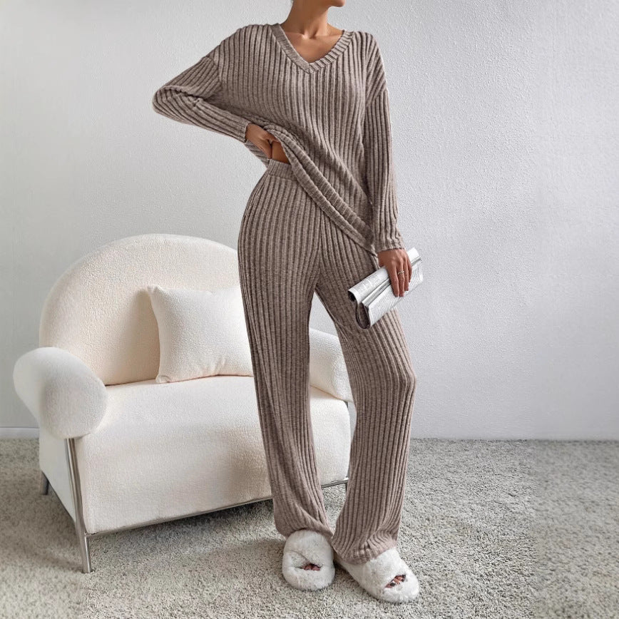 Damen Strick-Loungewear Set mit Rippenstruktur und V-Ausschnitt Drune