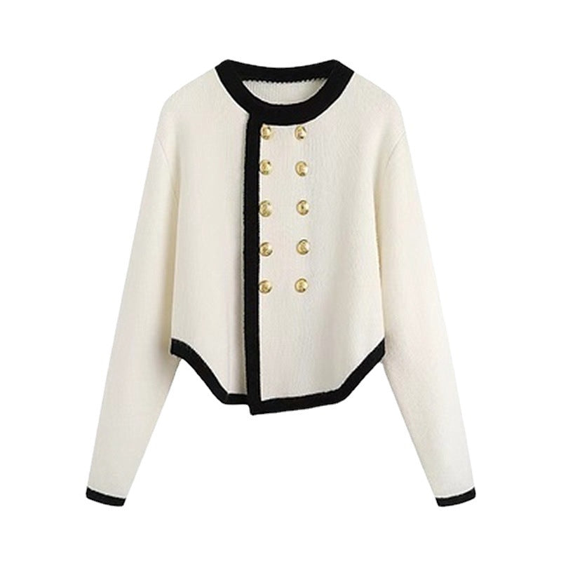 Damen elegante Strickjacke mit goldenen Knopfdetails und Kontrastbesatz Drune