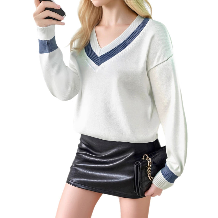 Damen eleganter V-Ausschnitt Pullover mit kontrastierenden Rippdetails Drune