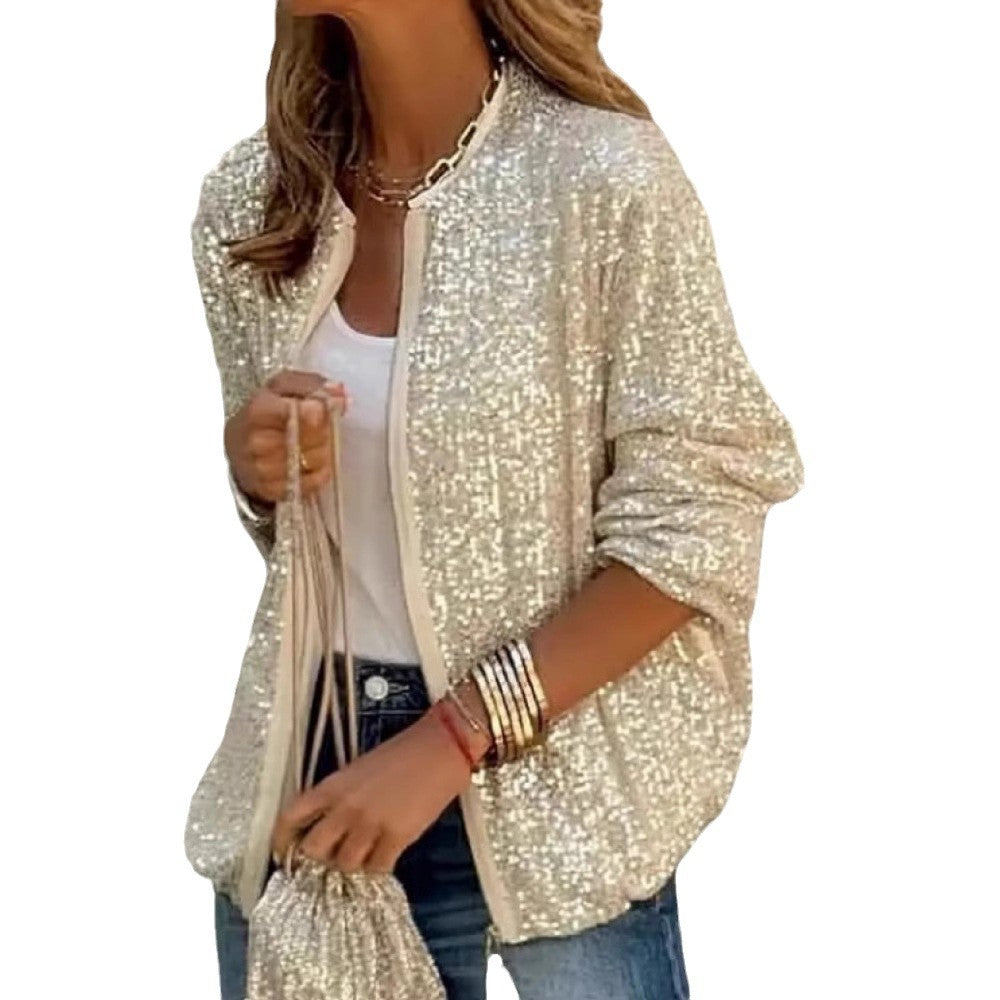 Damen modische Glitzerjacke im sportlichen Schnitt mit Reißverschluss und seitlichen Taschen Drune