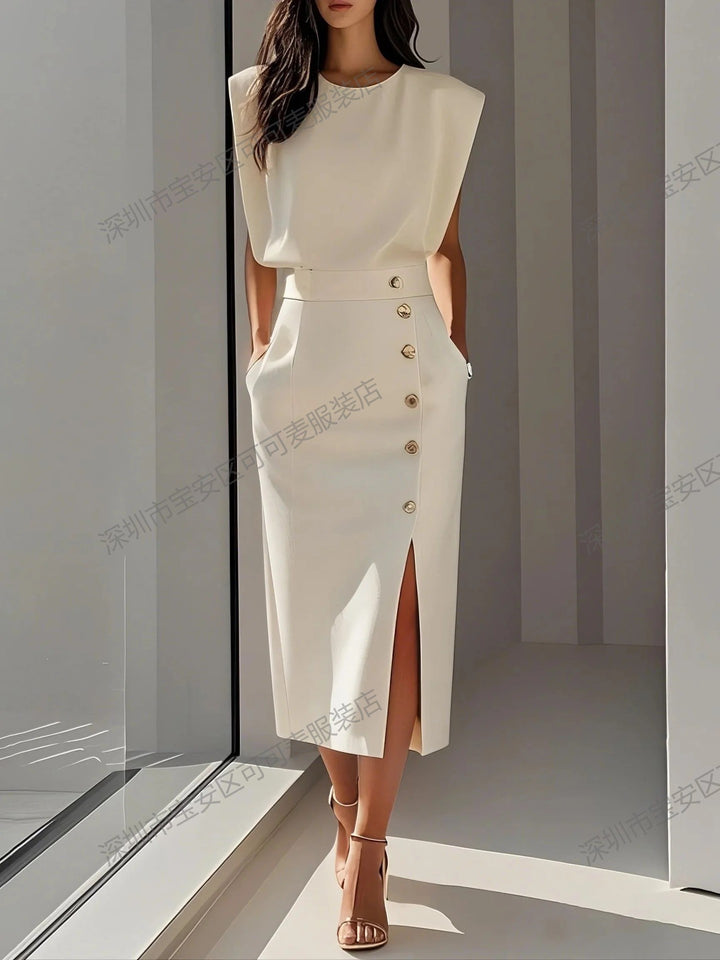 Damen Elegantes Abendkleid mit hohen Schultern und seitlichem Schlitz Drune