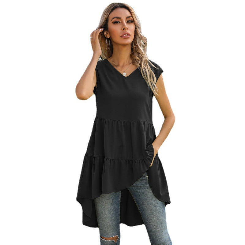Damen ärmelloses Tunika-Kleid mit asymmetrischem Saum und schickem Volant Drune