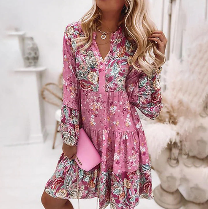 Damen nan kurzes Stufenkleid im Boho-Print mit V-Ausschnitt, geraffter Brustpasse und Balloonärmeln Drune