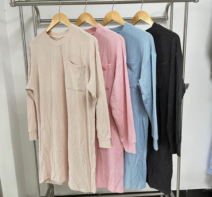 Damen lässiges Langarm Kleid mit praktischen Taschen und modernem Strukturdesign Drune
