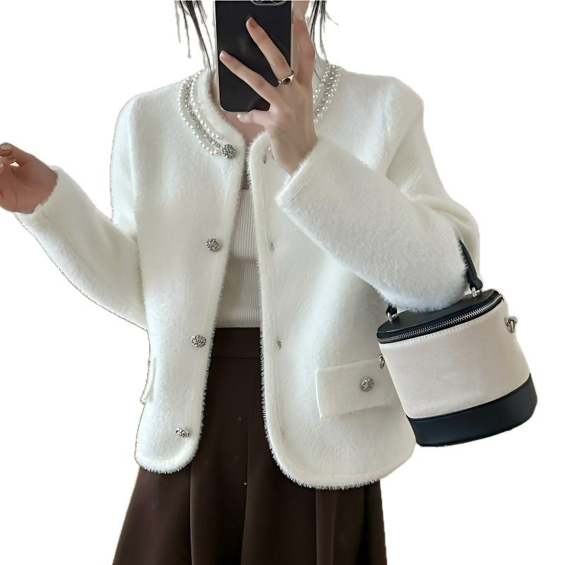 Damen Flauschige Strickjacke mit dekorativen Perlen Drune