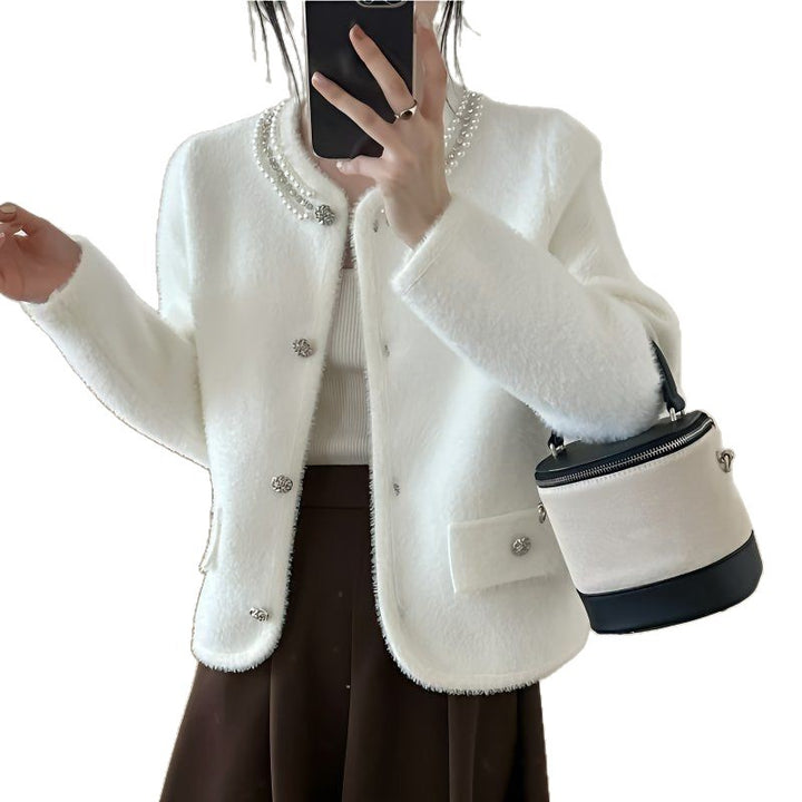 Damen Flauschige Strickjacke mit dekorativen Perlen Drune