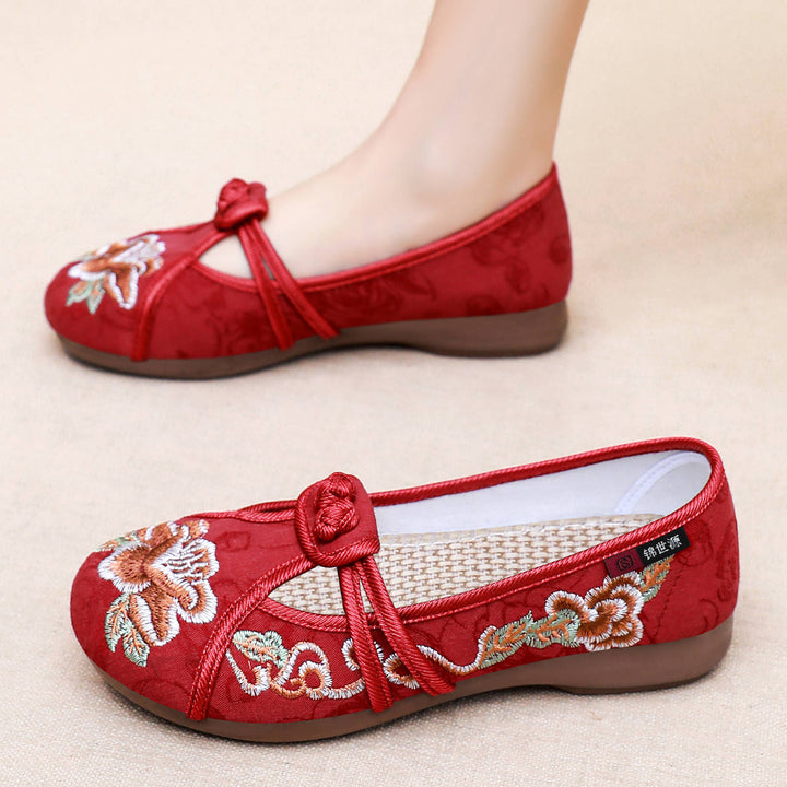 Damen nan bestickte Mary-Jane Slipper mit chinesischem Knotenverschluss und orthopädischer Komfortsohle Drune