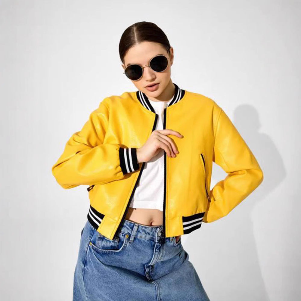 Damen modische Kunstleder-Bomberjacke mit elastischen Bündchen und Taschen Drune