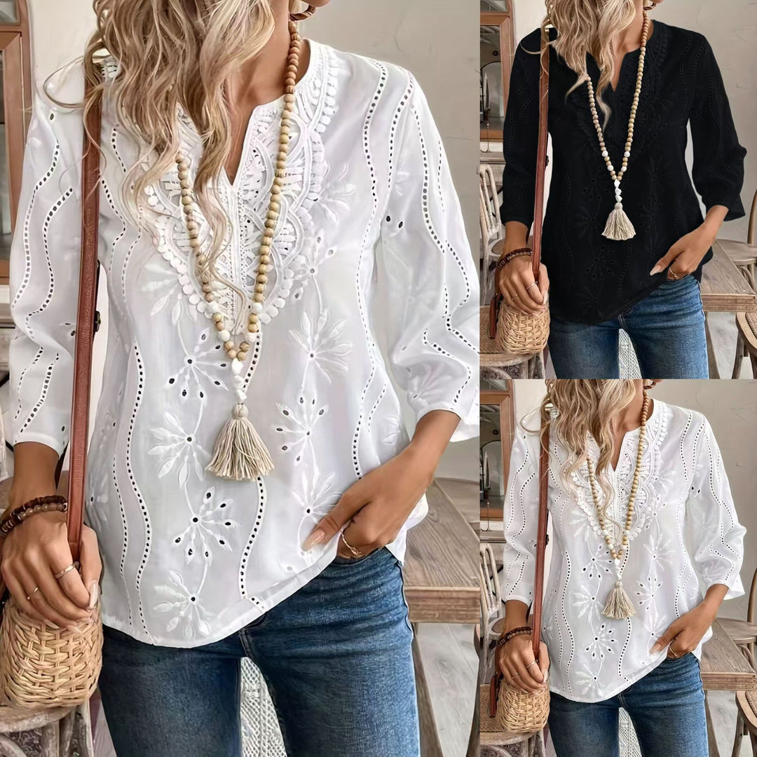 Damen bestickte Bohemian Bluse mit Dreiviertelärmeln Drune