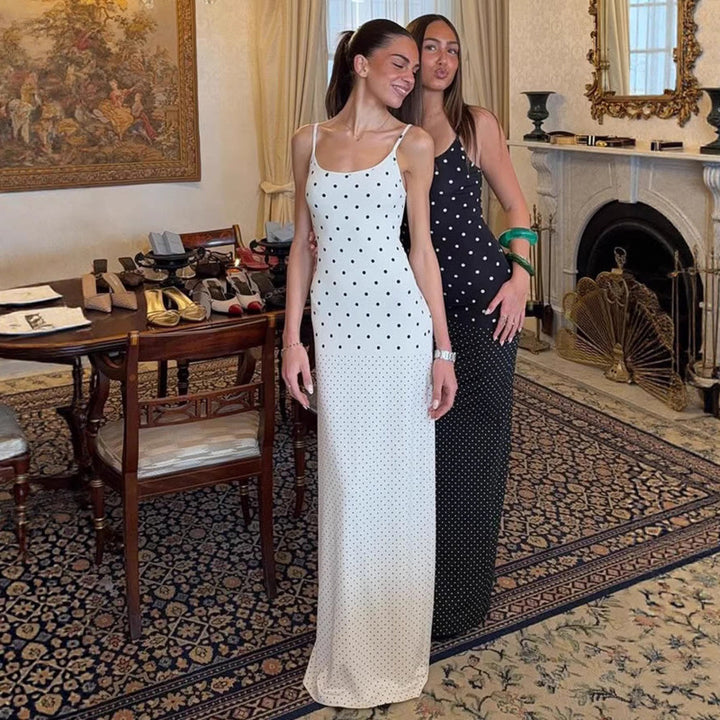 Damen Elegantes Polka-Dot Maxikleid mit verstellbaren Trägern und fließendem Schnitt Drune