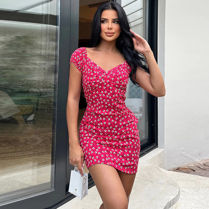 Damen Blütenmuster Mini-Kleid mit Puffärmeln Drune