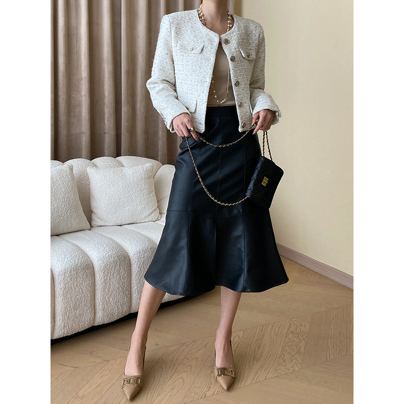 Damen Eleganter Lederrock mit ausgestelltem Schnitt Drune