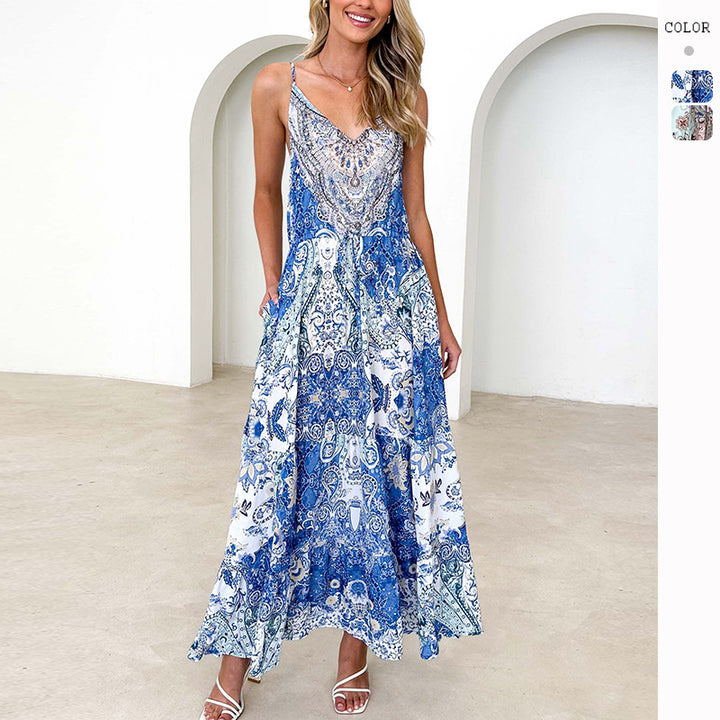 Damen Maxikleid im eleganten Ethno-Design mit Taschen und feinem V-Ausschnitt Drune