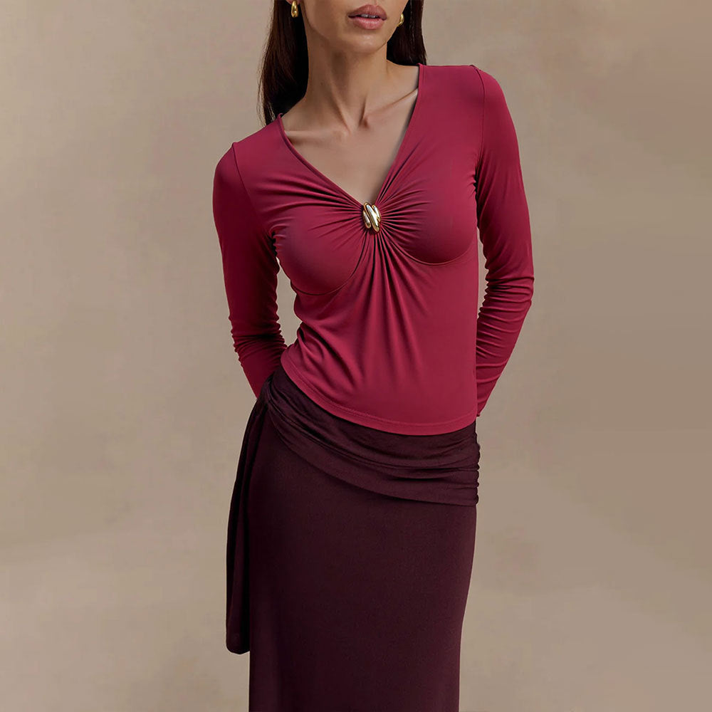 Damen Oberteil mit raffiniertem Knotendetail und elegantem V-Ausschnitt Drune