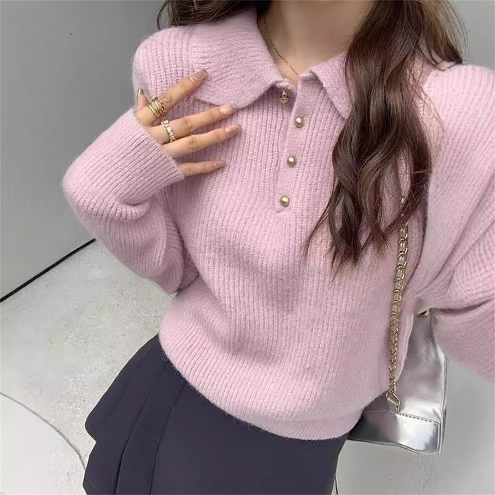 Damen Pullover mit strukturiertem Polo-Kragen und Knopfdetails Drune