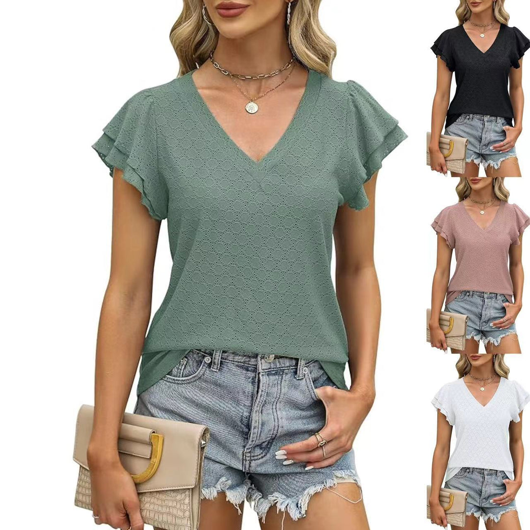 Damen modisches V-Ausschnitt-Shirt mit Rüschendetails Drune