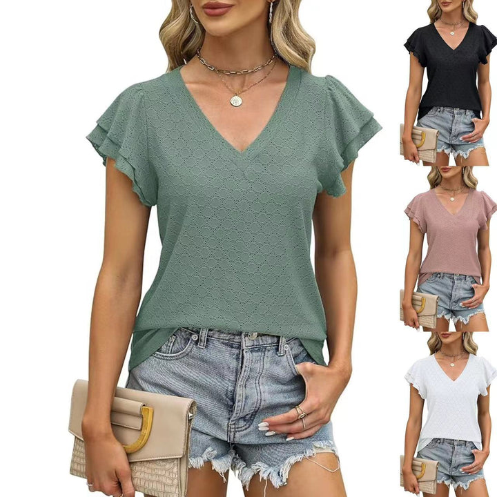 Damen modisches V-Ausschnitt-Shirt mit Rüschendetails Drune