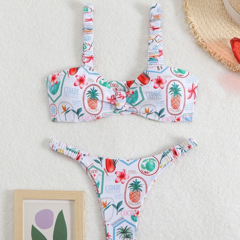 Damen Triangel-Bikini mit tropischem Druck und zarten Rüschen Drune