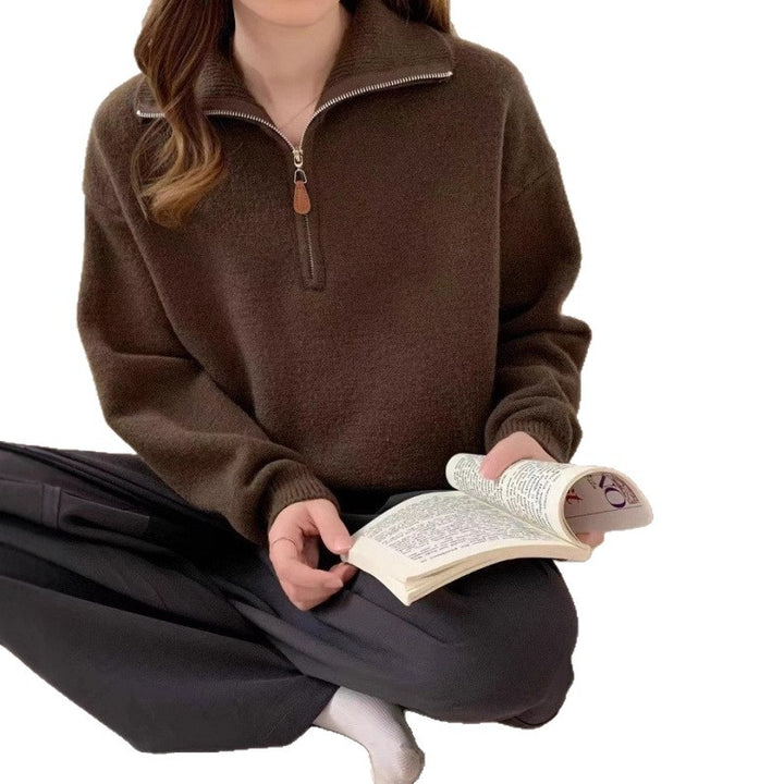 Damen Modischer Pullover mit Stehkragen und Reißverschluss Drune